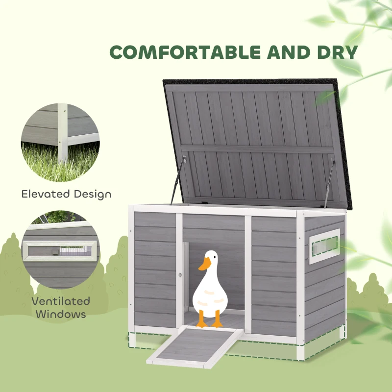 PawHut Domek dla kaczek odporny na warunki atmosferyczne z drewna z wyjmowanym spodem, przesuwanymi oknami, otwieranym dachem asfaltowym, 93x70x72cm, szary