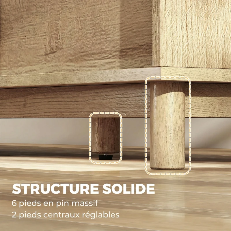 HOMCOM Meuble TV 135 cm, meuble télé pour téléviseur jusqu'à 65 pouces avec 2 portes en rotin, 2 compartiments ouverts, chêne