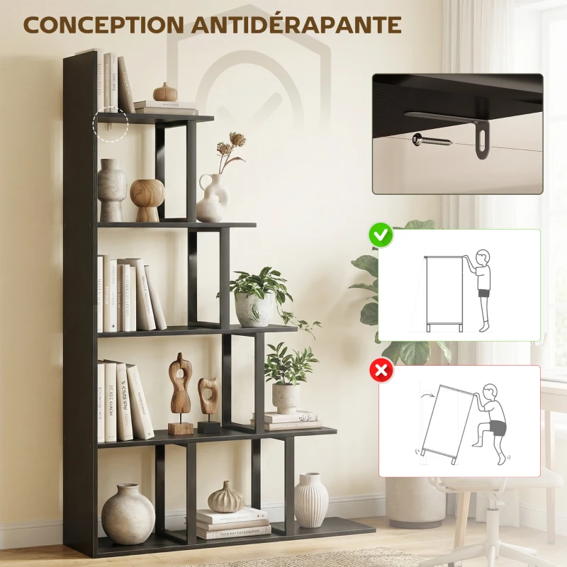HOMCOM Étagère bibliothèque séparateur de pièce style industriel en escalier 5 étagères 102 x 30 x 160 cm coloris noir