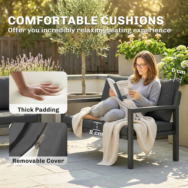 Outsunny 4 Seater Rattan Garden Furniture Set with 2 Armchairs, Loveseat, Coffee Table, Garden Sofa Set with Cushions, Dark Grey