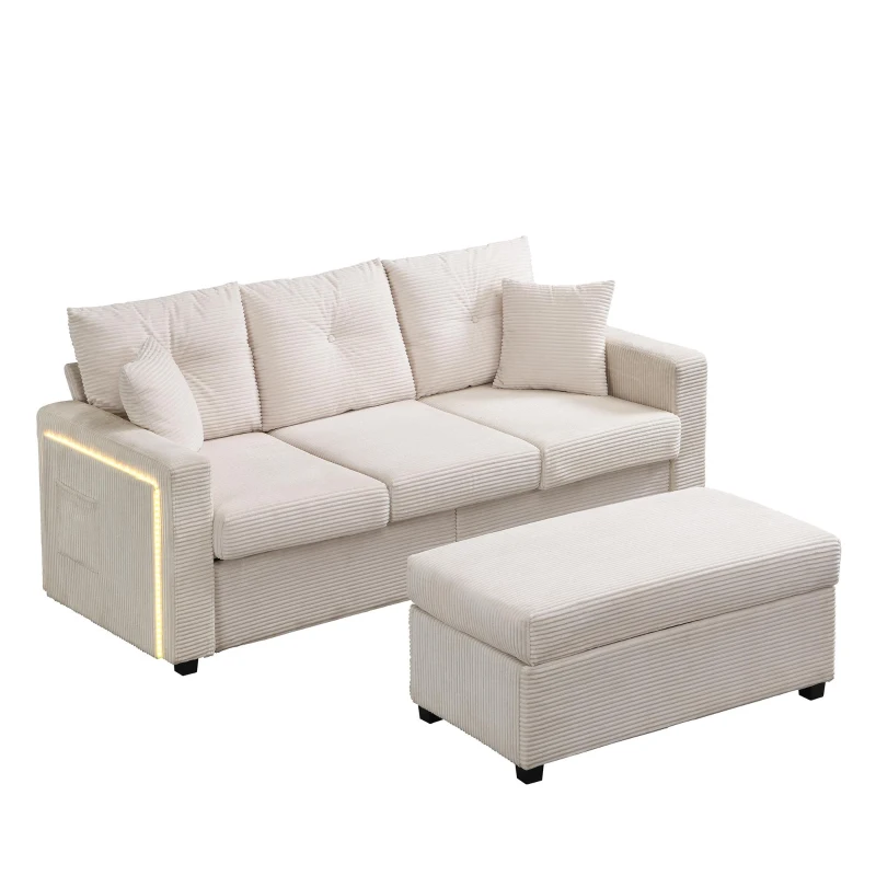 Divano a L con LED, rivestimento in velluto a coste, ottomana, 184x84,5x85,5 cm, Beige