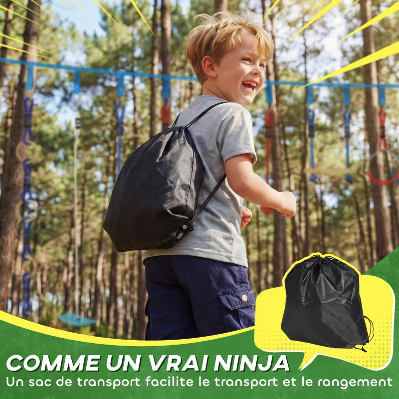 AIYAPLAY Parcours d'obstacles Ninja pour enfants 10 M kit de tyrolienne complet charge 100 kg, installation facile, multicolore