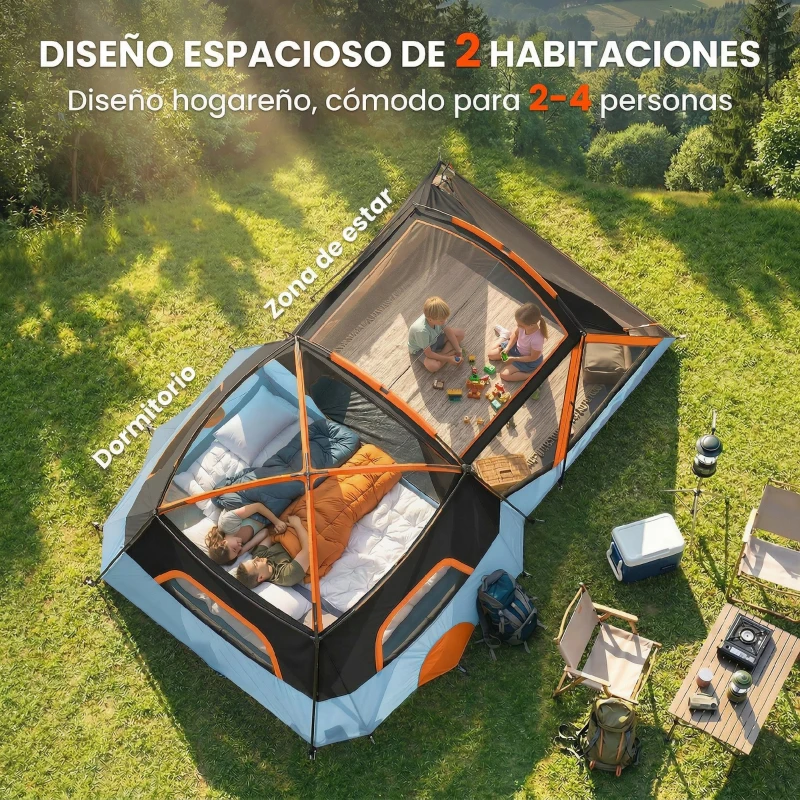 Outsunny Tienda de Campaña Familiar Tipo Túnel para 4 Personas con 2 Habitaciones Puertas Tragaluces Impermeable Fácil Montaje