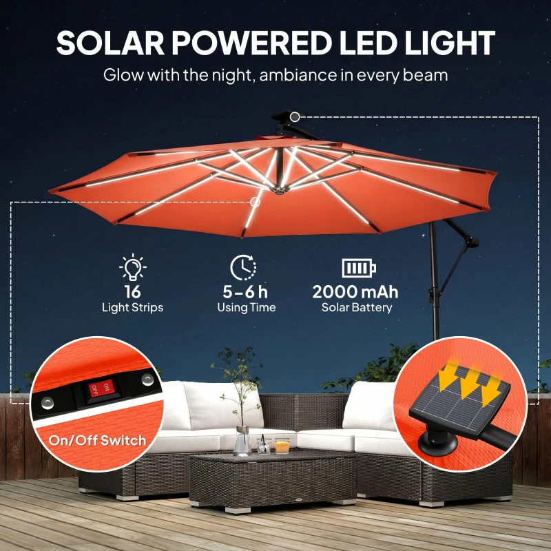 Outsunny 3 m Garden Cantilever Parasol with LED Solar Light, Round Overhanging Umbrella with 360° Rotation, Cover, Orange