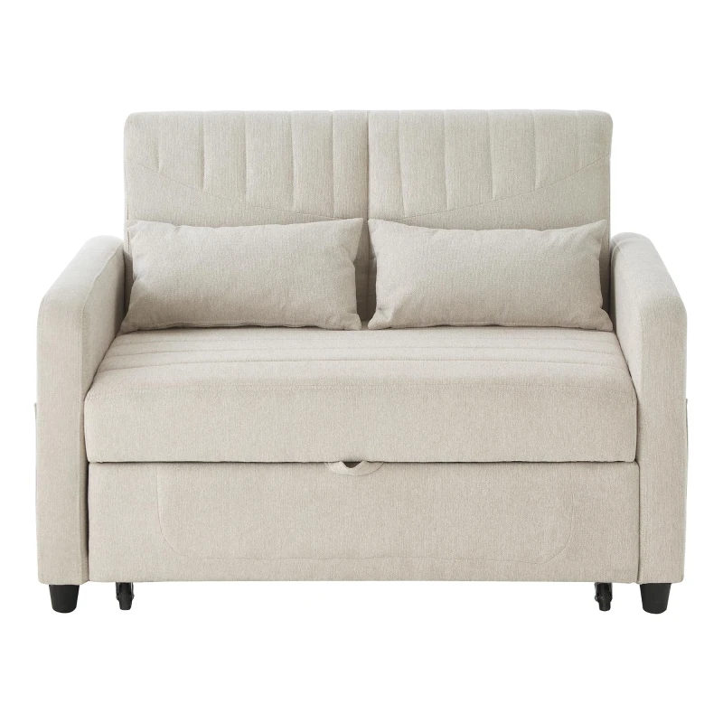 Divano pieghevole a due posti, rivestimento in cotone-lino, 114x77x82,5 cm, Beige