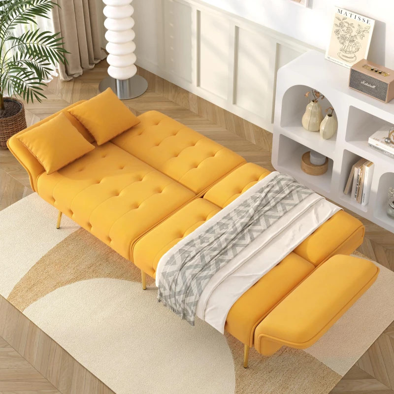 Divano-letto 2 posti, rivestimento in velluto, piedi dorati, 178x82x70 cm, Giallo