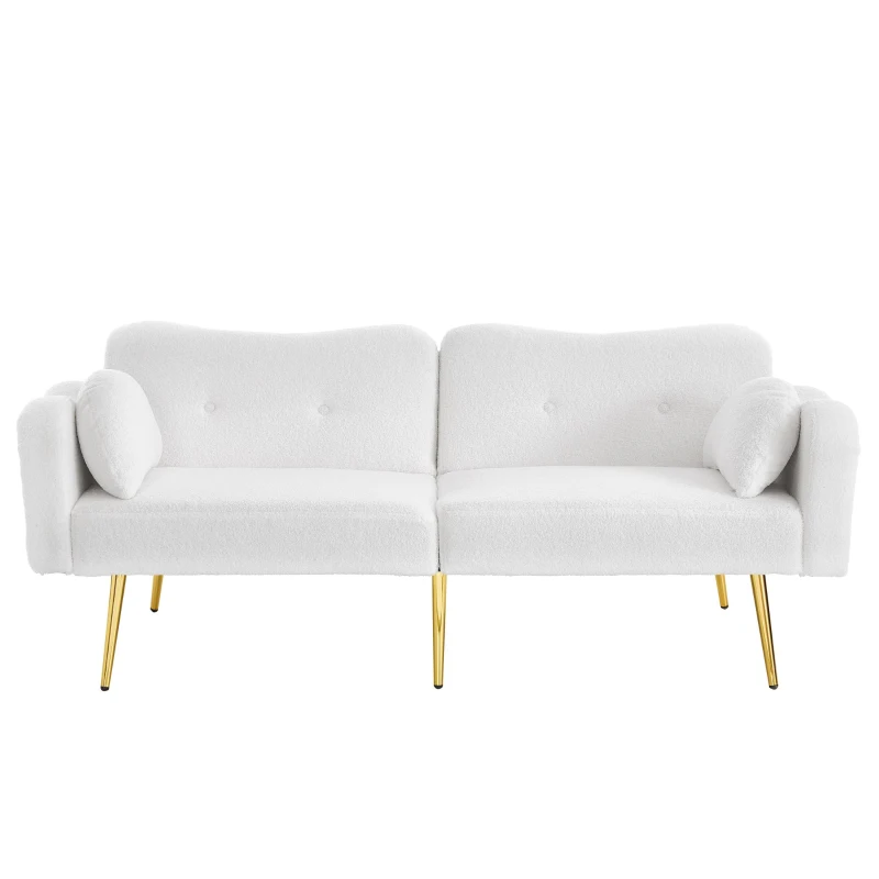 Divano letto 2 posti con superficie effetto lana d'agnello e piedi dorati, 175x79x82 cm, Bianco