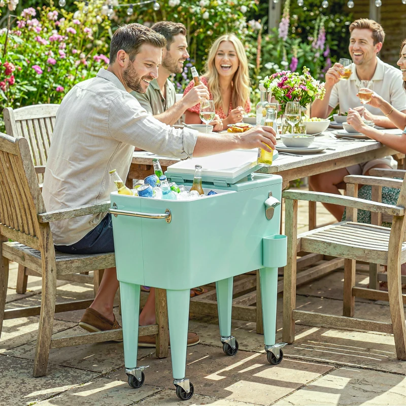Outsunny Carro de Bebidas Refrigerado 56L com Rodas Abre-garrafas Coletor de Tampas e Alça para Jardim e Festas 75x35x78 cm Verde Claro