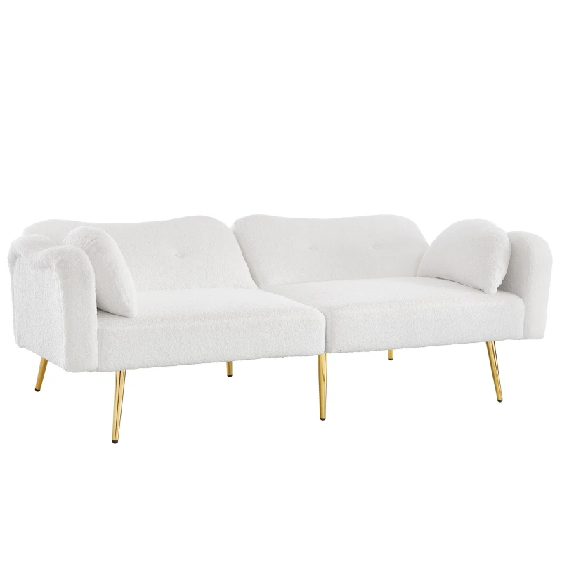 Divano letto 2 posti con superficie effetto lana d'agnello e piedi dorati, 175x79x82 cm, Bianco