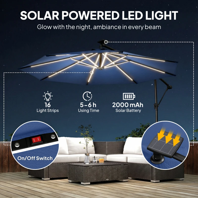 Outsunny 3 m Garden Cantilever Parasol with LED Solar Light, Round Overhanging Umbrella with 360° Rotation, Cover, Navy Blue
