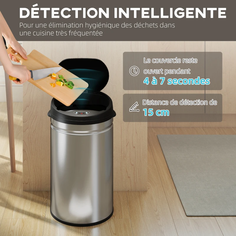 HOMCOM Poubelle cuisine automatique 30L acier inoxydable, poubelle à couvercle à fermeture en douceur, 32x30,5x51cm, argent