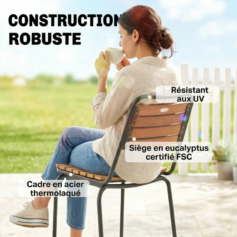 Outsunny Lot de 2 Chaises de Jardin Empilables, Assise et Dossier en Bois Massif à Lattes, Cadre en Acier, 61x47x81cm, Naturel