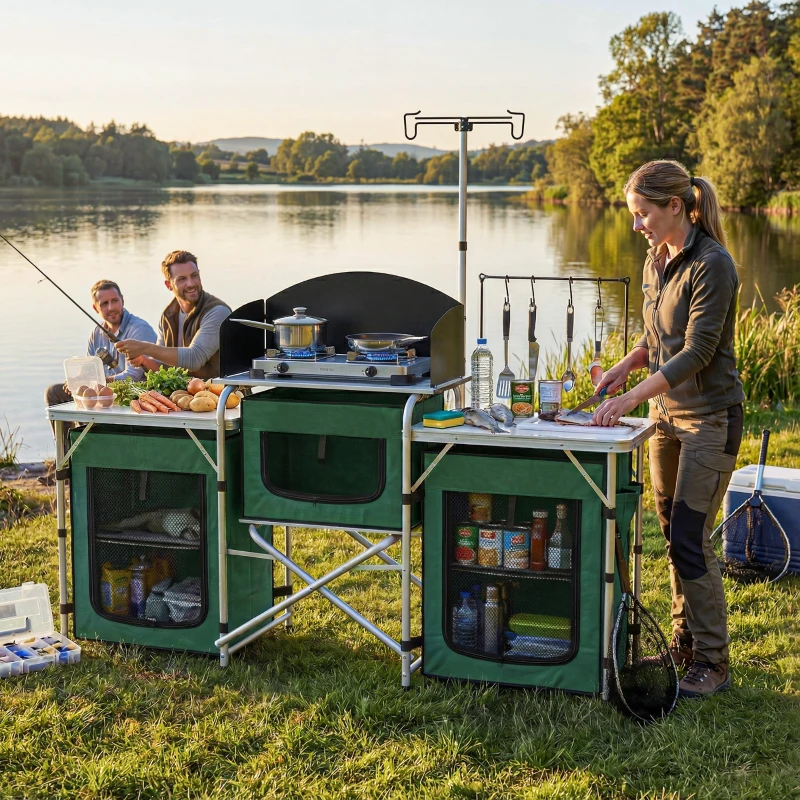 Outsunny Mueble de Cocina para Camping Plegable con 3 Mesas 4 Ganchos Poste de Luz y Bolsa de Transporte 172x48x130 cm Verde