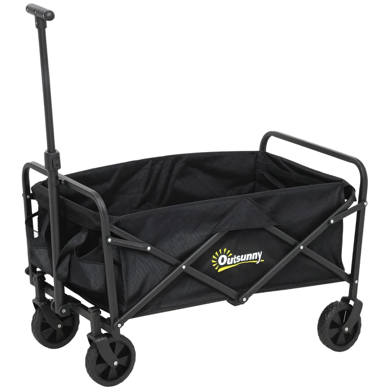 Outsunny Cărucior de Grădină 62L cu Roți Pivotante, Cărucior Pliabil din Metal și Țesătură Oxford cu Geantă și Mâner Reglabil, 76x48x86 cm, Negru