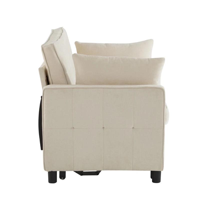 Divano letto a due posti con funzione letto, estraibile, schienale regolabile, rivestimento in chenille, 142x79x85 cm, Beige