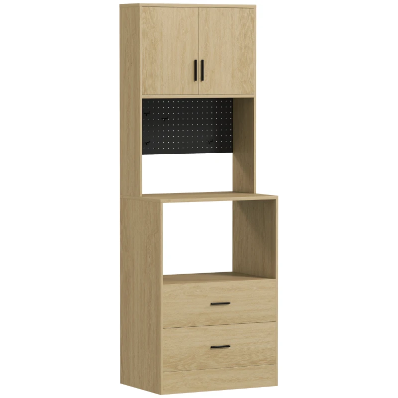HOMCOM Meuble micro-ondes, buffet, 2 tiroirs, 2 portes, plan de travail, étagère réglable, panneau perforé, 4 crochets, naturel