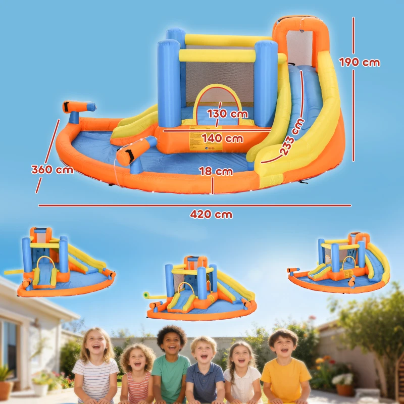 AIYAPLAY 5 in 1 Bouncy Castle for Children, Inflatable Bounce House with Dual Slides, Pool, Climbing Wall, Water Cannons, Blower