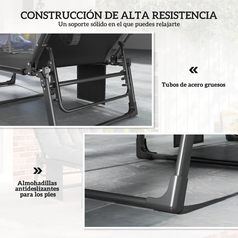Outsunny Set de 2 Tumbonas Plegables con Reposacabezas Cojines Bolsillo Lateral y Respaldo Reclinable 5 Posiciones Gris Oscuro