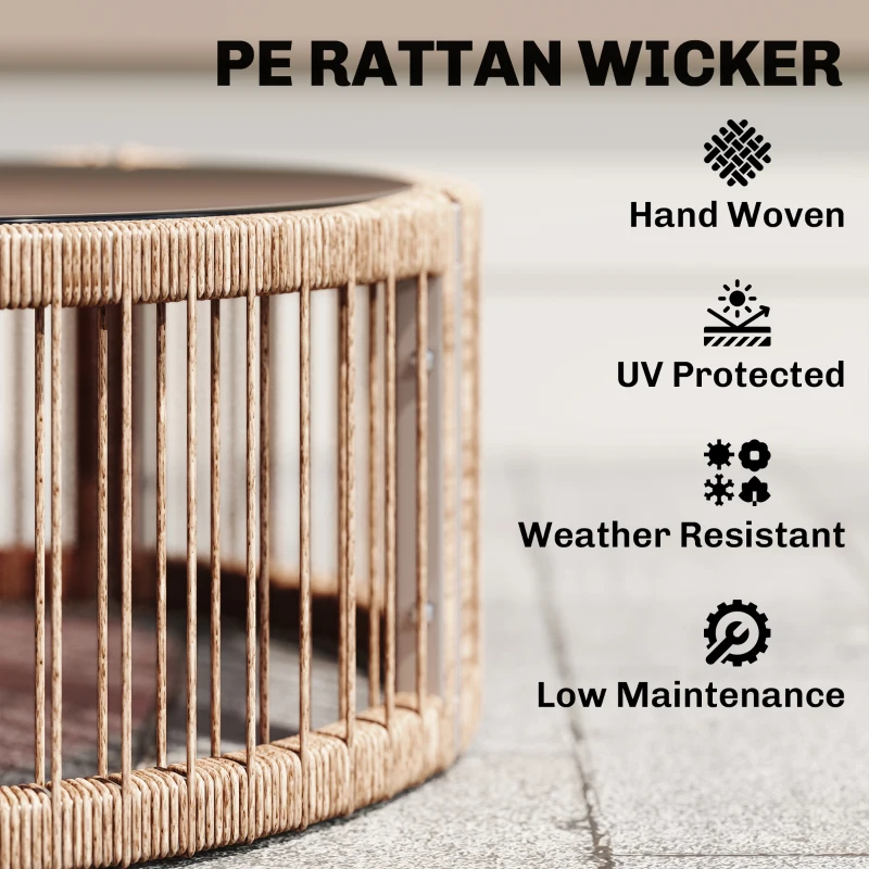 Outsunny Zestaw Mebli Ogrodowych 4-częściowy Zestaw Rattanowy z Sofą Dwuosobową, 2 Fotelami, Stolik ze Szkłem, Szerokie i Głębokie Siedziska, Grube Poduszki