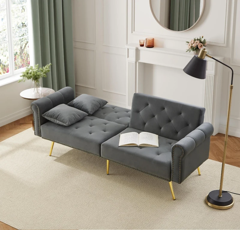 Divano letto 2 posti, rivestimento in velluto, piedi dorati, 173x75x70 cm, Grigio