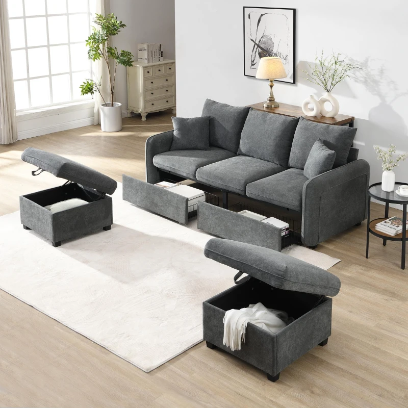Divano angolare a U, con vano contenitore, pouf incluso, rivestimento in chenille, 188x186x86 cm, Grigio scuro