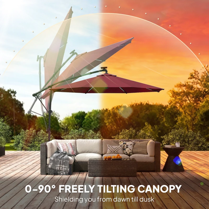 Outsunny 3 m Garden Cantilever Parasol with LED Solar Light, Round Overhanging Umbrella with 360° Rotation, Cover, Wine Red