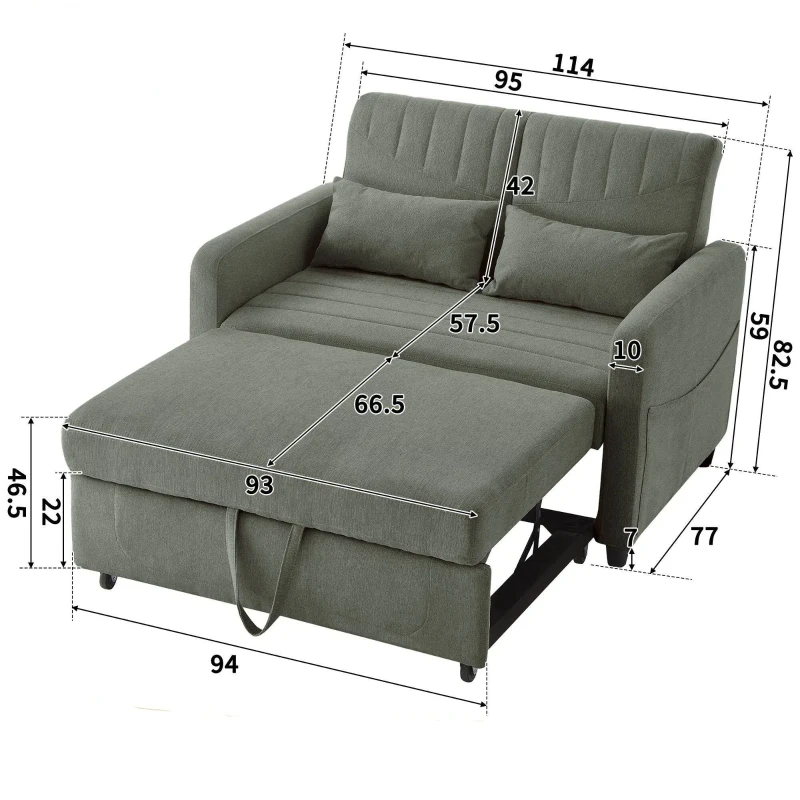 Divano pieghevole a due posti, rivestimento in cotone-lino, 114x77x82,5 cm, Verde militare