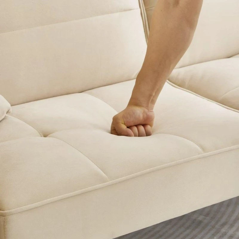 Divano-letto 2-in-1, schienali regolabili, rivestimento in velluto, gambe in legno, 176x78x76 cm, Beige