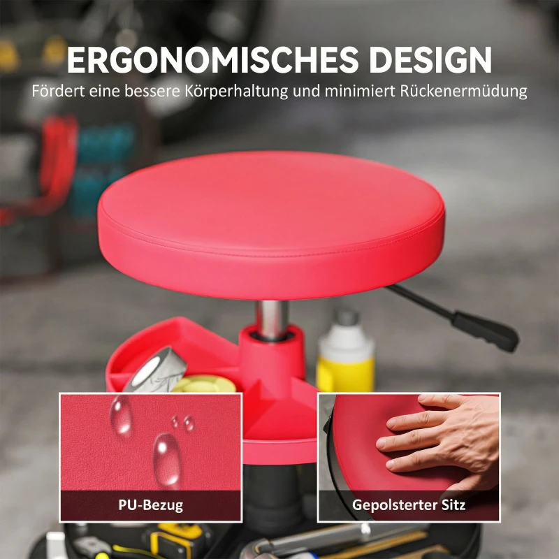 HOMCOM Werkstatthocker mit Rollen Tabletts höhenverstellbar 40-51cm Rollhocker bis 135 kg belastbar Rot