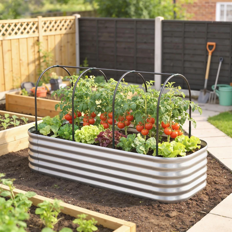 Outsunny Caixa de Plantio Grande com Cobertura de Estufa e Rede Fundo Aberto para Jardim Terraço 200x60x103 cm Prateado