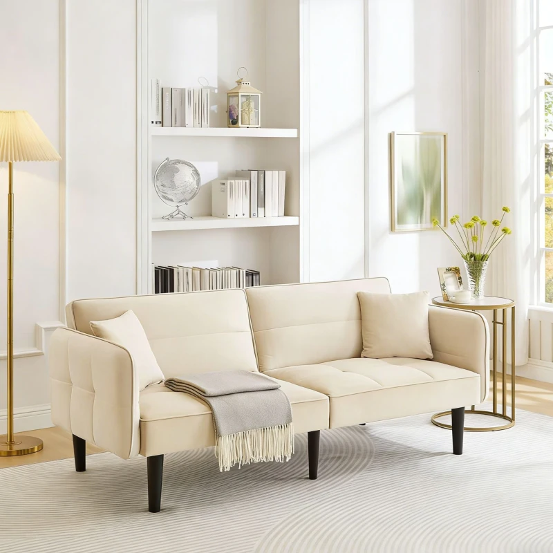 Divano-letto 2-in-1, schienali regolabili, rivestimento in velluto, gambe in legno, 176x78x76 cm, Beige