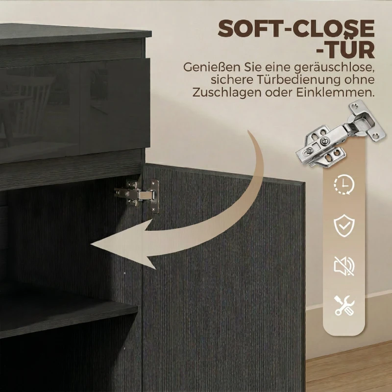 HOMCOM Modern dressoir, opbergdressoir met 5 lades, verstelbare plank, soft-close deur, zwart hoogglans