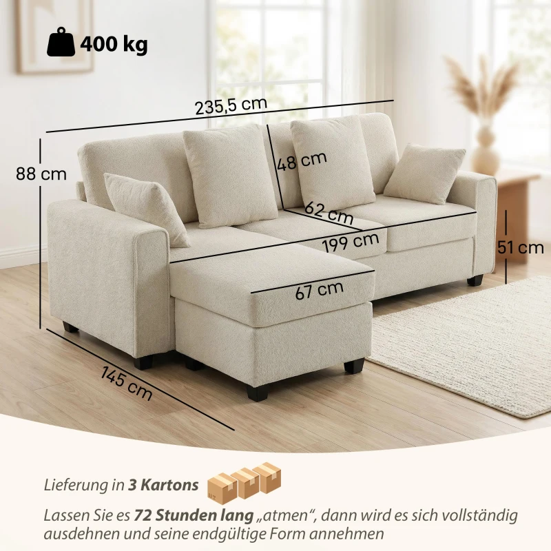 HOMCOM Narożna sofa z odwracalnym szezlongiem, 3-osobowa kanapa z aksamitnym wyglądem, szerokie i głębokie siedzisko, poduszki sprężynowe, beżowa