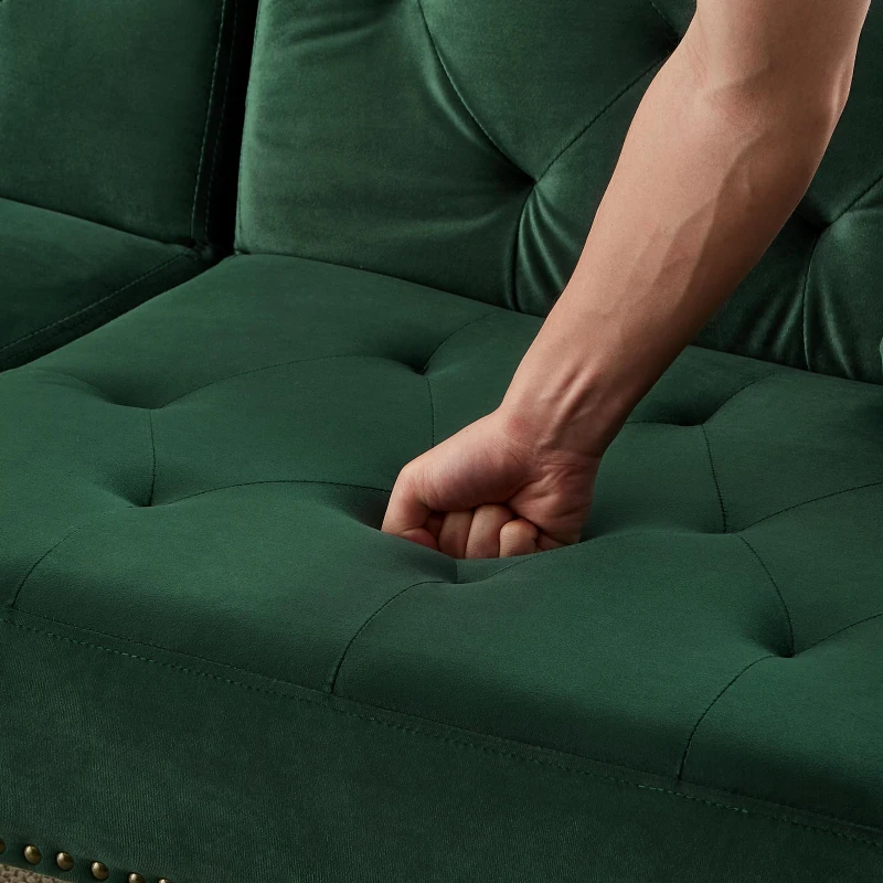 Divano letto 2 posti, rivestimento in velluto, piedi dorati, 173x75x70 cm, Verde