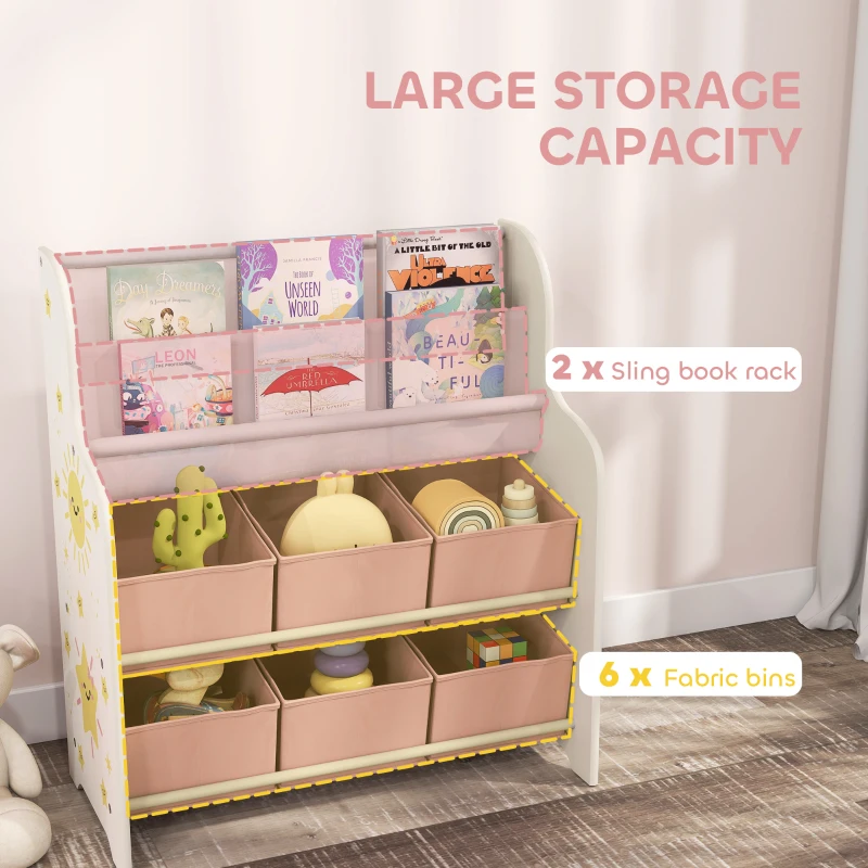 AIYAPLAY Kids Storage Unit, Toy Organiser with 6 Fabric Drawers and 2-Tier Sling Book Rack for Bedroom, Playroom, Nursery, Pink