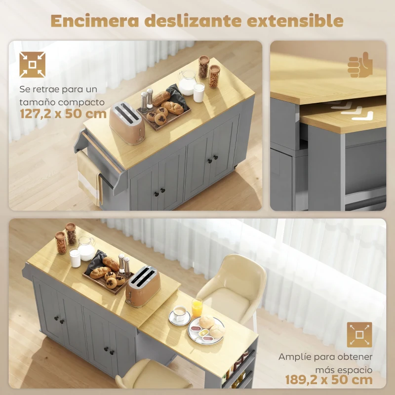 HOMCOM Isla de Cocina con Ruedas Encimera Extensible 4 Puertas Estantes Ajustables Especiero y Soporte para Toallas Gris
