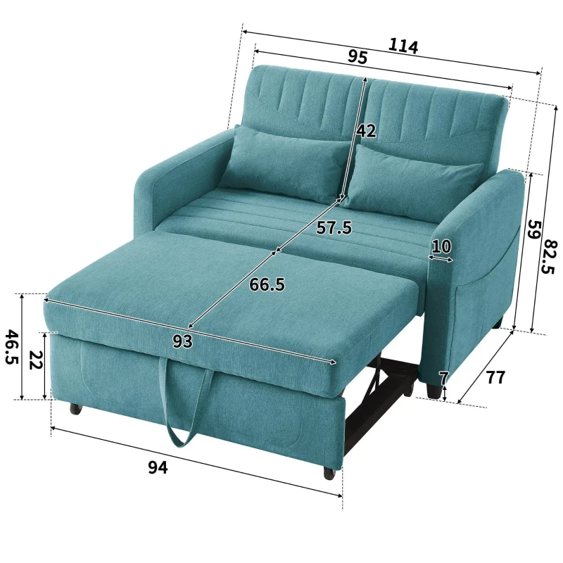 Divano pieghevole a due posti, rivestimento in cotone e lino, 114x77x82,5 cm, Blu-verde