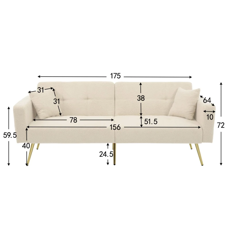 Divano letto con funzione letto, schienale regolabile, gambe dorate, rivestimento in sherpa, 175x64x72 cm, Beige