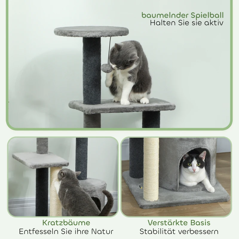 PawHut Krabpaal 103 cm kattenboom met kattenhuis, platforms, sisal-krabpalen, pluche bal voor katten tot 5 kg, grijs