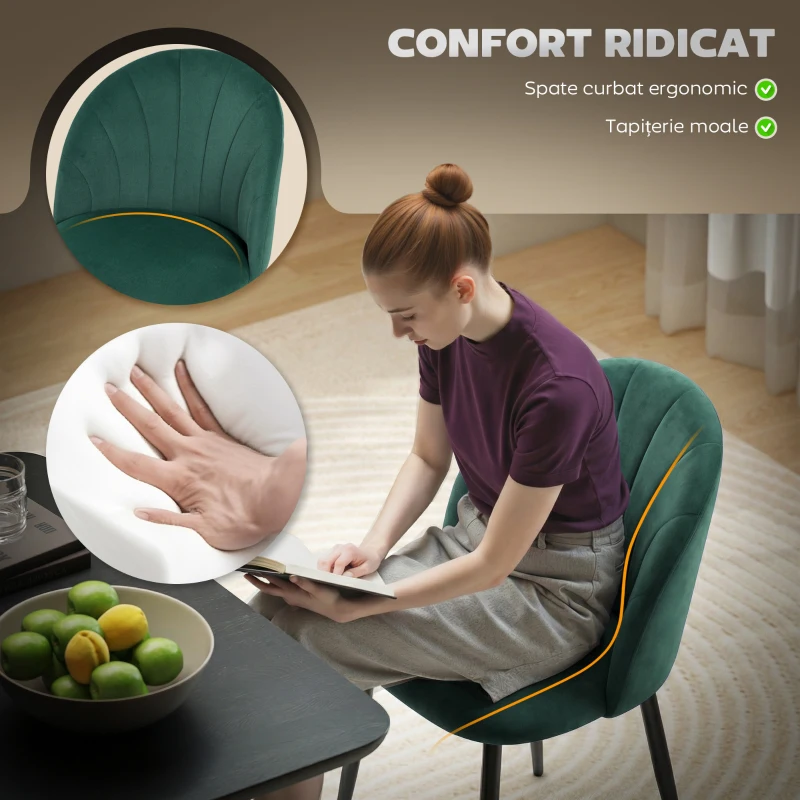 HOMCOM Set de 2 Scaune de Dining din Catifea, Scaune de Bucătărie cu Spătar Curbat în Formă de Scoică, Picioare din Oțel, Stil Nordic, Scaun Tapițat pentru Bucătărie, Dormitor, Sufragerie, Verde Închis