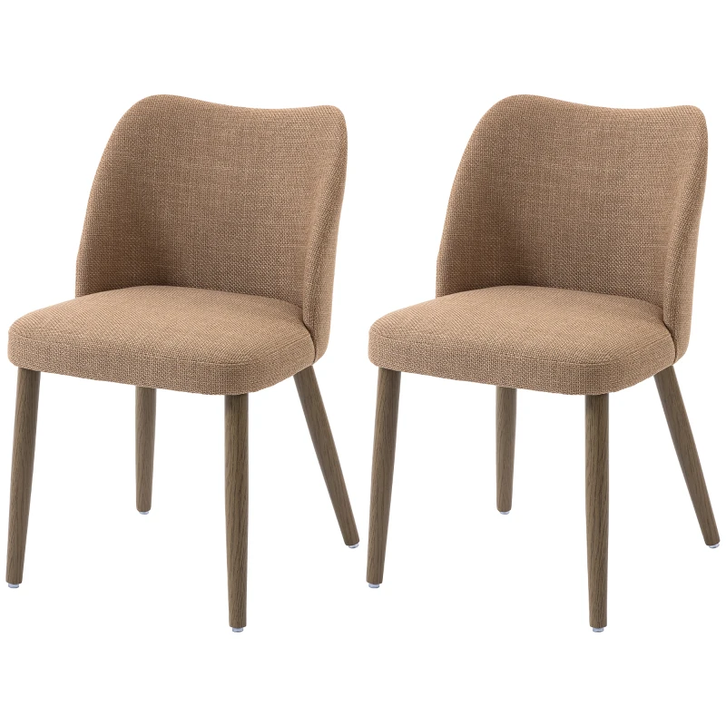 HOMCOM Dining Chairs Set of 2, Linen Upholstered Kitchen Chairs with Padded Seat, Curved Backrest, Rubberwood Legs, Brown