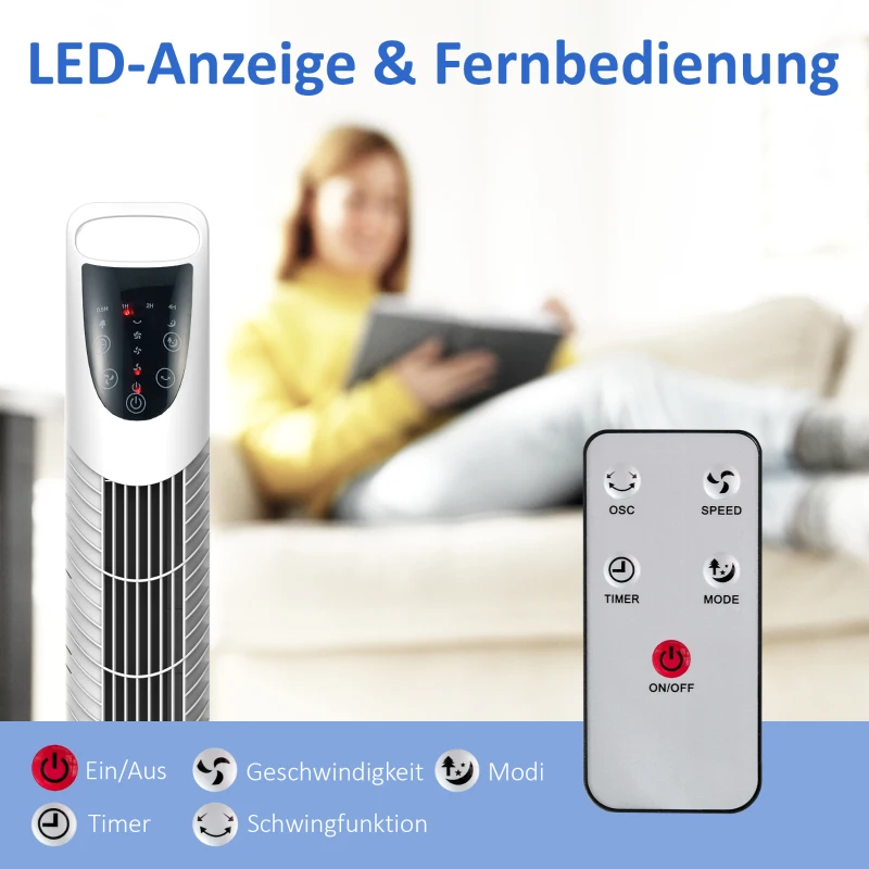 HOMCOM Torenventilator, 3 modi, stille werking, timer, afstandsbediening, 18x78,5cm, Wit