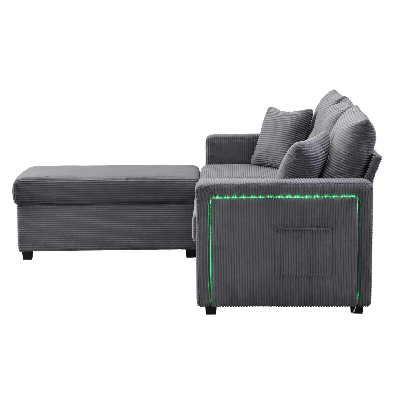 Divano a L con LED, rivestimento in velluto a coste, ottomana, 184x84,5x85,5 cm, Grigio