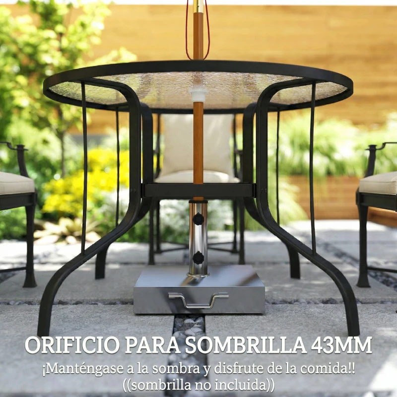 Outsunny Mesa Redonda para Jardín con Orificio para Sombrilla Encimera de Vidrio Estructura Metálica Ø96,5x71 cm Negro