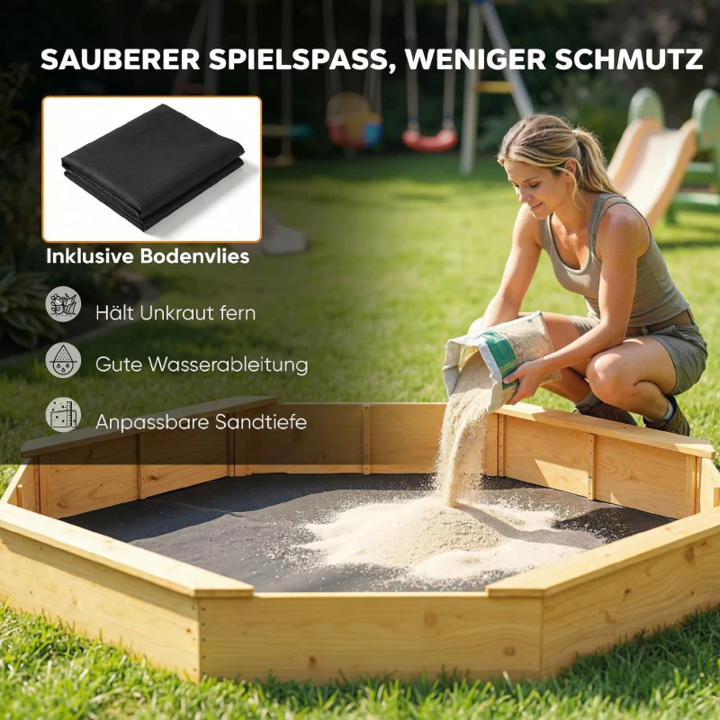 AIYAPLAY Sandkasten mit Dach 4 Sitzbänken Bodenplane für 8 Kinder von 3-8 Jahren für Outdoor Garten Holz 214,5 x 214,5 cm Gelb