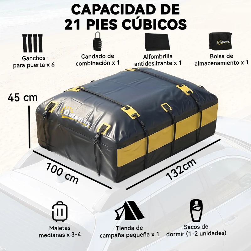 Outsunny Bolsa de Techo para Coche 594L Impermeable con 6 Correas Alfombrilla Antideslizante Ganchos para Vehículos Amarillo