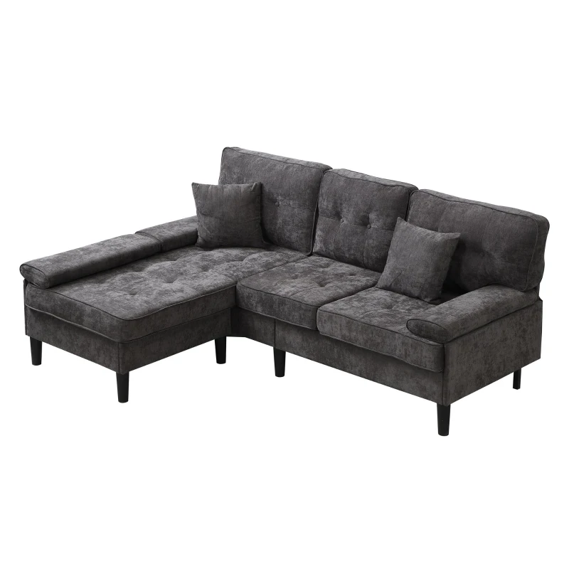 Divano angolare a L in chenille, pouf mobile, cuscini inclusi, 195x149x86 cm, Grigio