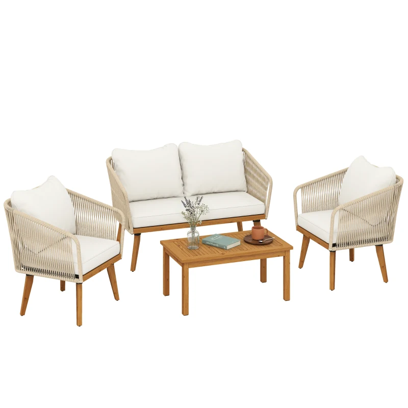 Outsunny Conjunto de Jardín Exterior 4 Piezas Sofá 2 Plazas 2 Sillones Cuerda PP Mesa Marco de Acero y Madera Acacia Cojines