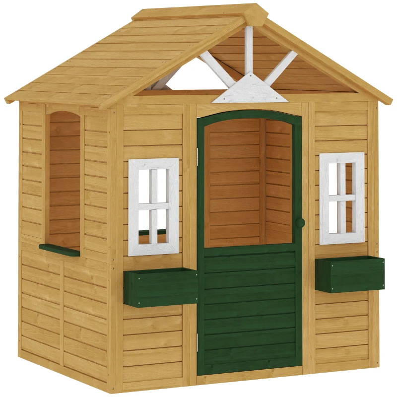 AIYAPLAY Maisonnette de jardin pour enfants en bois d'épicéa avec fenêtres, 2 jardinières, porte et toit, 3-8 ans, Marron