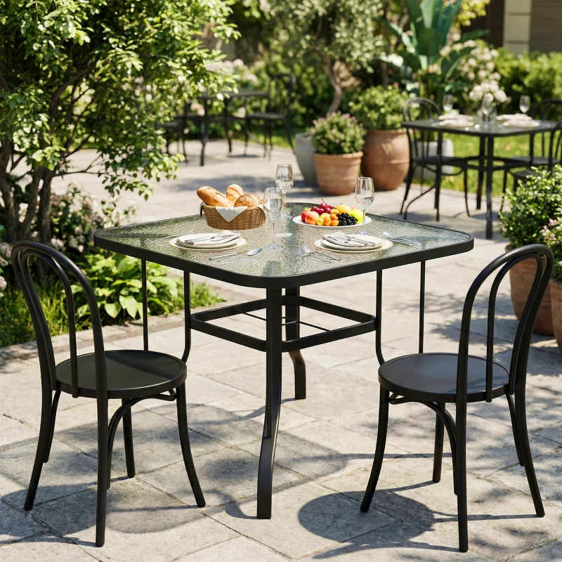 Outsunny Tavolo da Giardino Quadrato a 4 Posti con Piano in Vetro e Foro per Ombrellone Ø43 mm, Nero